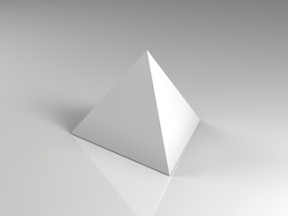 3d rendering of a white triangle-base pyramid on white reflective background