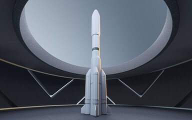 A rocket in a round room, 3d rendering.