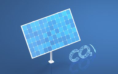 Solar panel, solar energy and carbon dioxide , 3d rendering.