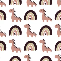  seamless pattern with baby dinosaur and rainbow. Seamless pattern with cute dinosaurs and rainbows. Vector for fabric, textile, nursery wallpaper. Scandinavian illustration in hand drawn doodle style © Nadezhda Kozhedub