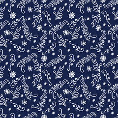 Hand-drawn blue and white seamless winter pattern with curls and snowflakes. Vector illustration for wrapping paper, greeting cards and invitations. 