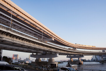 Rainbow Bridge loop and Yurikamome Train in Tokyo　レインボーブリッジのループ橋を走るゆりかもめ