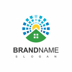 Green House Logo Template With Solar Symbol