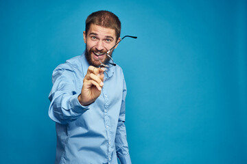 business man with glasses emotions blue background