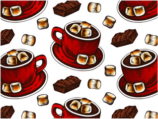 Outline drawing pattern of red cup with hot chocolate and roasted marshmallows isolated on white background. Sweet winter drink. Sketch drawn Christmas wallpaper. Cocoa, cacao mug.Vector illustration - 467622614