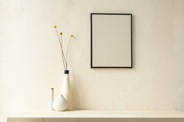 Frame on the stucco wall and branches in design vase. Mock up.	
