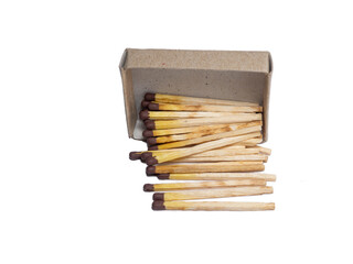 An overturned matchbox. Scattered matchsticks