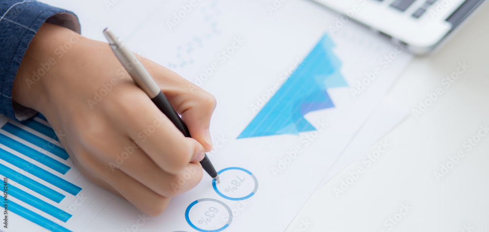 Poster hand of business man pointing document data graph and chart with pen, marketing and investment, repo