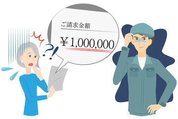 不当な代金を請求する男性の業者と騙されるシニア女性
