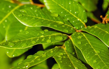 Longan (Dimocarpus longan) green leaves with water splash for natural background