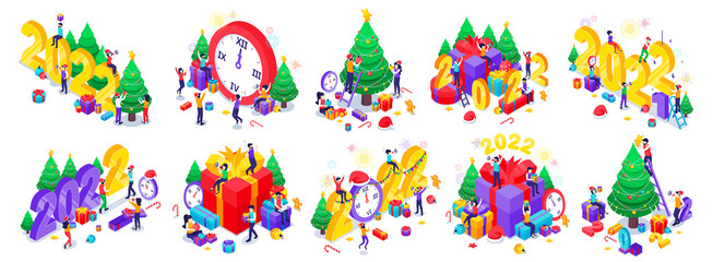 Set of Christmas and Happy New year design concept. People Celebrates Christmas and New Year with Christmas tree, gift boxes and fireworks. Isometric Vector Illustration