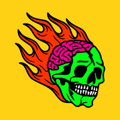 fire skull vector with brain