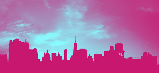 Buildings and skyscrapers of the downtown Manhattan skyline in New York City with pink colors