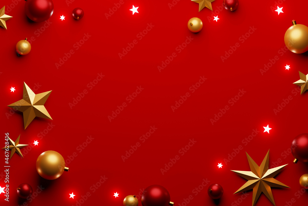 Wall mural christmas ball bauble decoration and star on red background with center copy space. 3d rendering ill