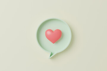 Love like pink heart icon on square pin bubble speech. 3d rendering illustration