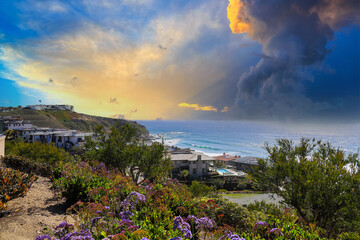 a gorgeous shot of the vast blue ocean water and a hillside filled with homes, colorful flowers and lush green plants and trees with powerful clouds in a blue sky at Dana Strands Beach in Dana Point  - obrazy, fototapety, plakaty