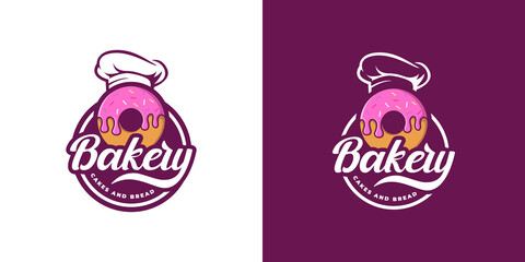 emblem badge stamp sticker bakery logo design with donut and chef hat
