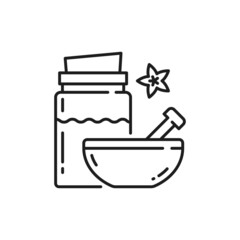 Mortar and pestle, bowl of spa powder isolated outline icon. Vector spicy gourmet seasoning, line art turmeric, herbal or ginseng ginger powder, oriental aromatic cosmetics ingredient, dry spices