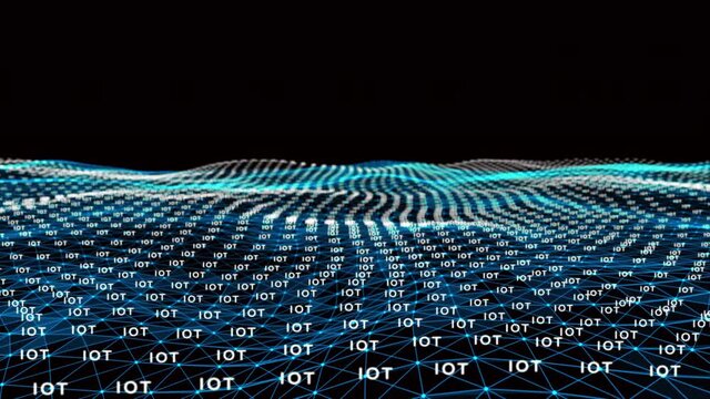 4k abstract Digital blue Wave of particles with text IOT dance motion on wave and light.Futuristic dots background with a dynamic wave.Big data.Cyber or technology background.