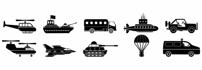 military transportations icon set, military combat vehicle icon set vector sign symbol