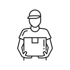 Deliveryman with parcel isolated courier holding cardboard box thin line icon. Vector outline postman with package. Delivery, postal service, express shipping and food delivery, online orders