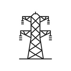Lattice tower and overhead power line isolated thin line icon. Vector two phase transmission towers power lines outline sign. Electricity pylon structure, steel lattice tower to support power line - obrazy, fototapety, plakaty