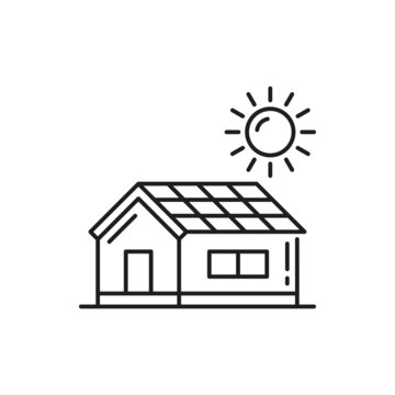 House With Renewable Alternative Energy Solar Batteries Isolated Thin Line Icon. Vector Green Home With Sun Energy Source, Eco Friendly Building. Modern Architecture, Enviromental Friendly Cottage