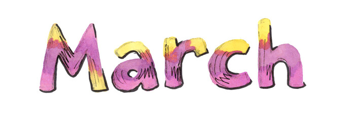Multicolor Watercolor spring month lettering March. Pink and yellow color
