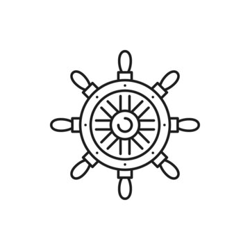 Boat control rudder isolated steering wheel thin line icon. Vector marine navigation equipment, vessel control object by captain or sailor, ship wheel. Seafarer handwheel or ship-wheel with handles