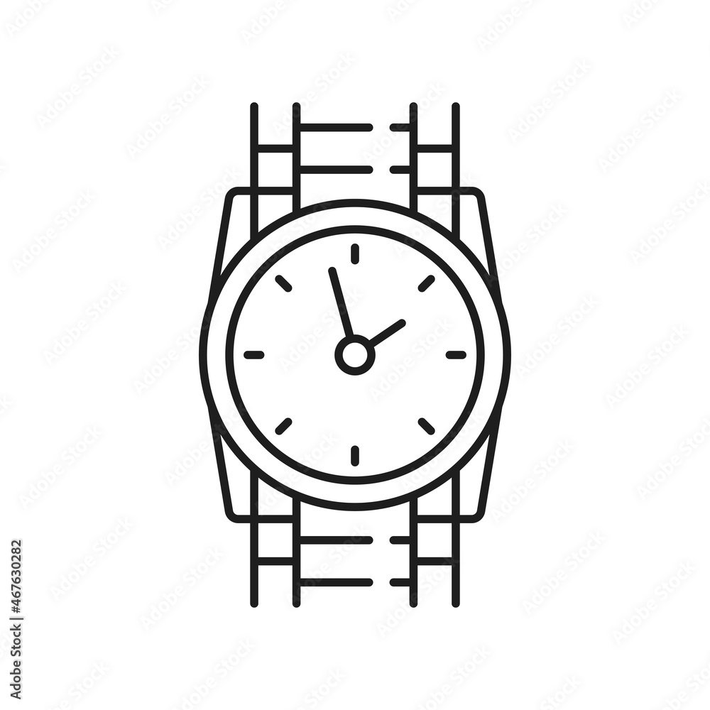 Poster swiss watch with silver or golden bracelet isolated thin line icon. vector clock time measurement de