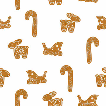 Christmas Cookies pattern, christmas deer, lollipop candy and sleigh in brown color, Isolated On White Background, Vector Illustration.