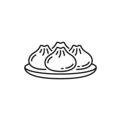 Baozi traditional chinese food on plate isolated thin line icon. Vector bao yeast-leavened filled bun, China cuisine food. Asian bakery with fillings, steamed buns. Japanese lunch or dinner bau