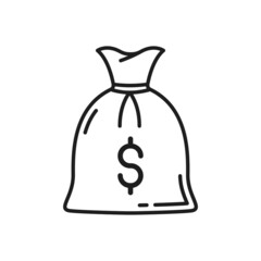 Money bag with dollar sign isolated thin line icon. Vector sack of money, bank coins or cash, finance savings and deposit symbol. Moneybag with rope, jackpot treasure funds, investment, charity profit