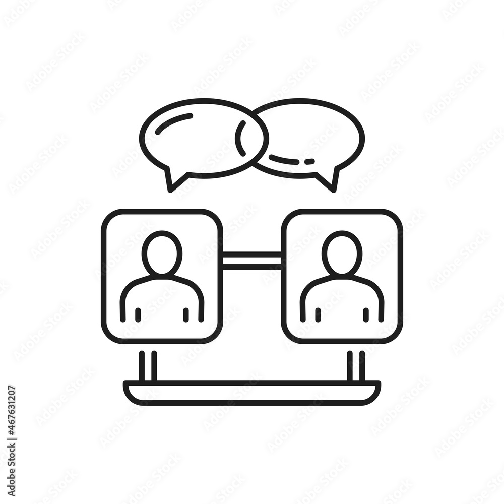 Poster Meeting online on computer screen, business chat conference isolated thin line icon. Vector team communication, two people speaking and speech bubbles, distant education, teacher and student