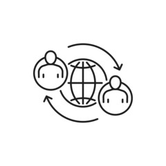 International communication and collaboration isolated people avatars and globe thin line icon. Vector distance education concept, worldwide cooperation using modern technologies, support anywhere