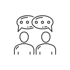 Business people communicate online, writing text messages in messenger isolated line icons. Vector conversation of coworkers, teamwork collaboration, dialog discussion and contact, partnership