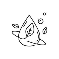 Peppermint fragrance dishwasher isolated drop with plant thin line icon. Vector water splash and mint leaf, washing and dry cleaning line art sign. Purity concept, droplet and leaf in motion