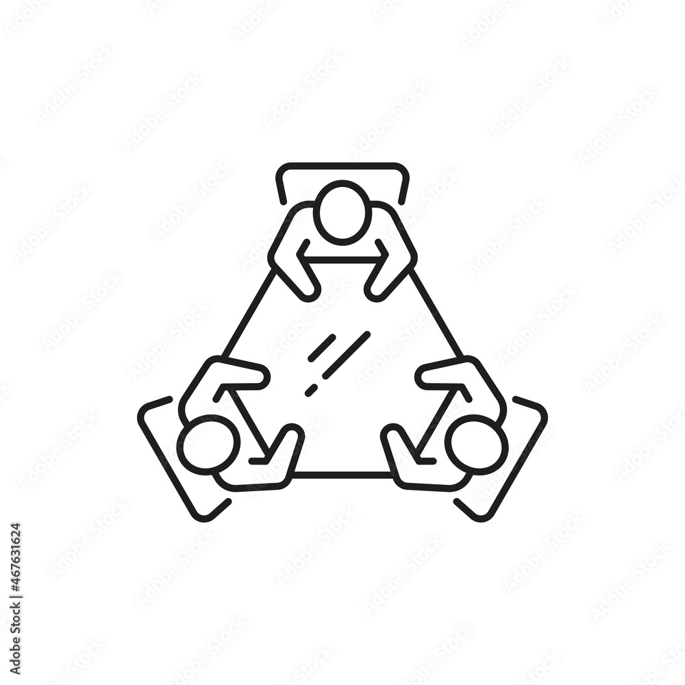 Poster discussion and brainstorm, people sitting at round table on chairs isolated thin line icon. vector b