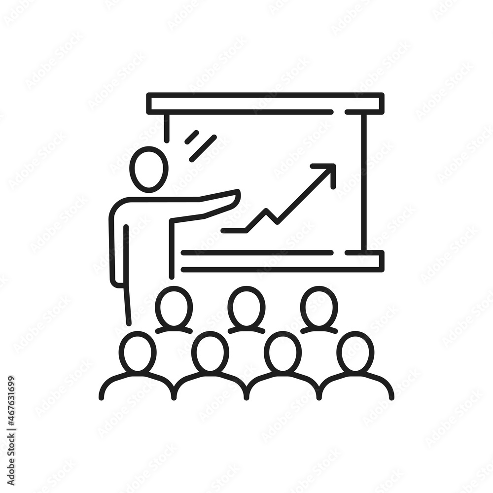 Poster presentation and discussion, man speaker pointing on chart board with growing arrow isolated thin li