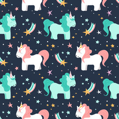 cute vector seamless pattern with hand drawn unicorns, pony, stars and comets on a dark blue background. childish flat illustration for printing on fabric, kids clothing, wrapping paper