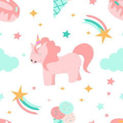 cute vector seamless pattern with hand drawn unicorns, pony, stars, donuts, ice-cream, comets on a white background. childish flat illustration for printing on fabric, kids clothing, wrapping paper