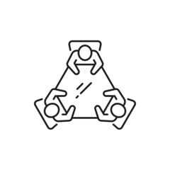 Discussion and brainstorm, people sitting at round table on chairs isolated thin line icon. Vector business chat conference, meeting and team communication, group of recruitment managers talking