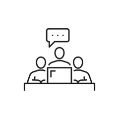 People writing message on computer isolated thin line icon. Vector chat or online support, content editors typewriters. Copywriters or writers typing text online, distance education and examination