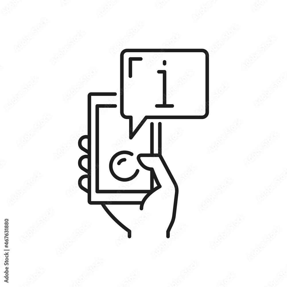 Aufkleber phone in hand with information bubble isolated thin line icon. vector smartphone with chat info, fax