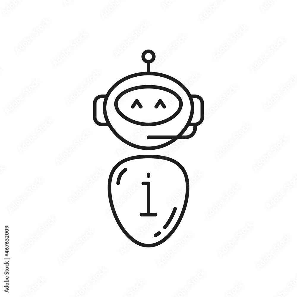 Poster Cute smiling robot isolated chat bot thin line icon. Vector virtual online help voice support android, artificial intelligence operator, call center chatbot in headphones headset. Hotline assistant