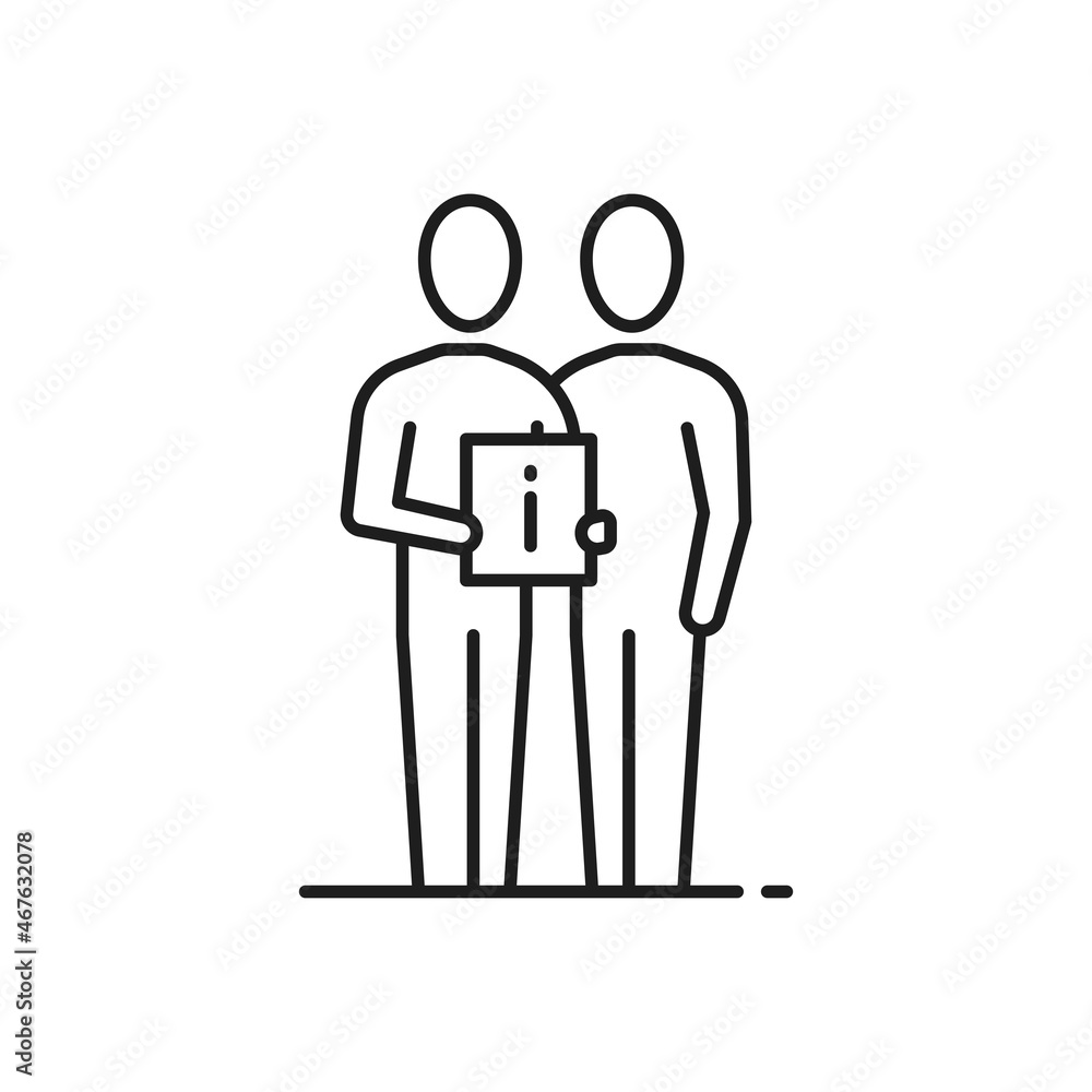Poster customer support, person assistant help to client, information board in hands isolated thin line ico
