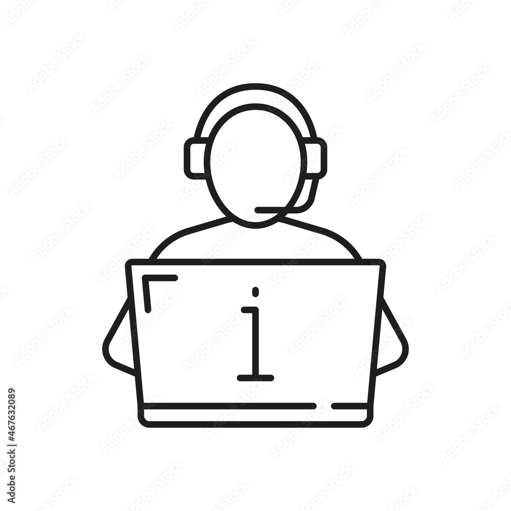 Poster Support center operator in headphones typing on computer isolated thin line icon. Vector helpline worker giving information instructions, call center hotline assistant in headset, communication online
