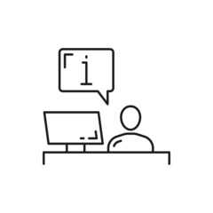 Man sitting at information helpdesk isolated customer support center worker. Vector call center registration counter, operator in office. Hotel reception, check in registration table with assistant