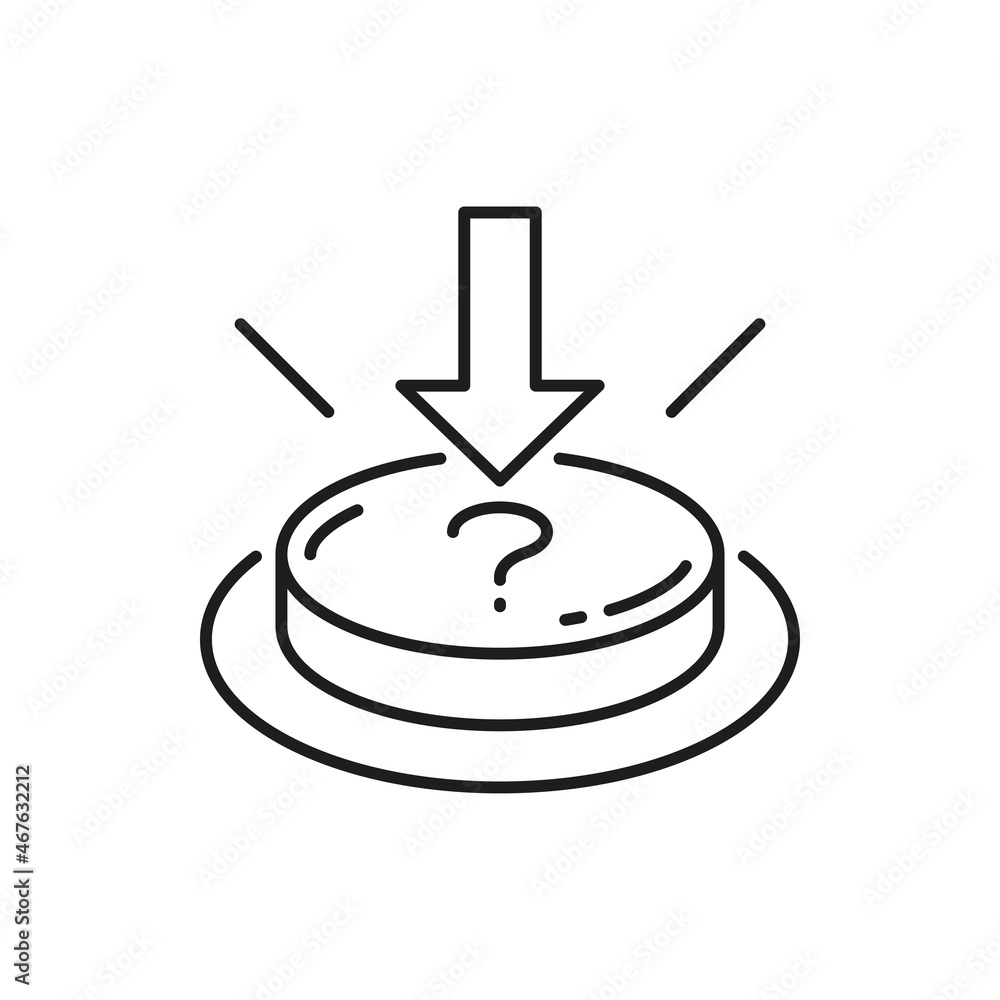 Aufkleber interrogation mark push button and arrow pointing to push-on isolated thin line icon. vector questio