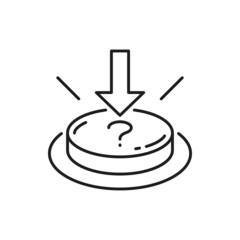 Interrogation mark push button and arrow pointing to push-on isolated thin line icon. Vector question mark button, emergency help service, quick support. FAQ instruction guide, answer push-button